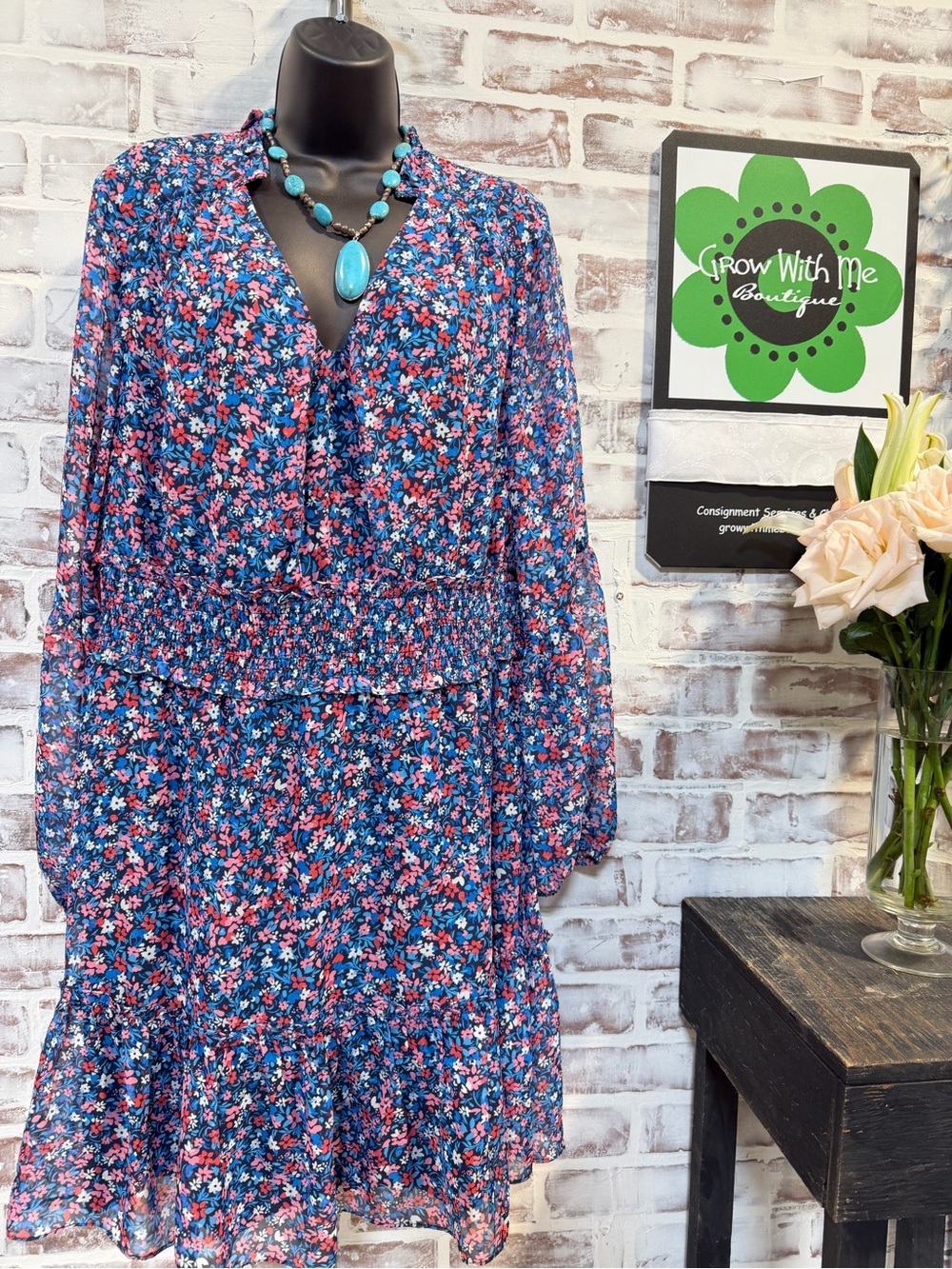 Draper James Navy Floral Tiered Dress with Pink & Red Accents